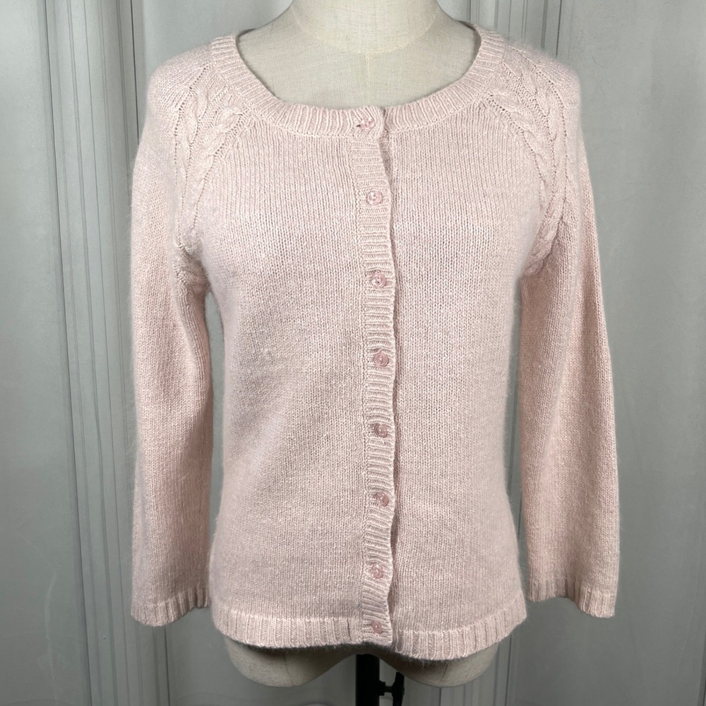 Mainframe Silk Angora Rabbit‎ Hair Pink Fitted Cable Knit Cardigan Juniors L
